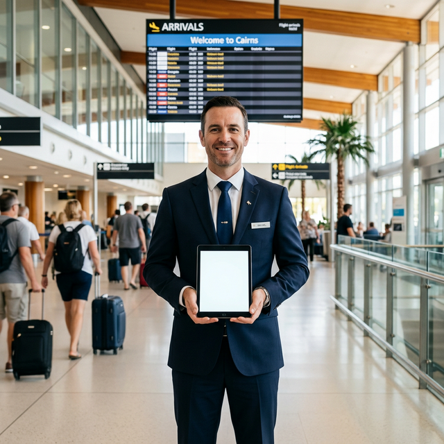 Professional chauffeur waiting in the arrival hall at Mauritius Airport