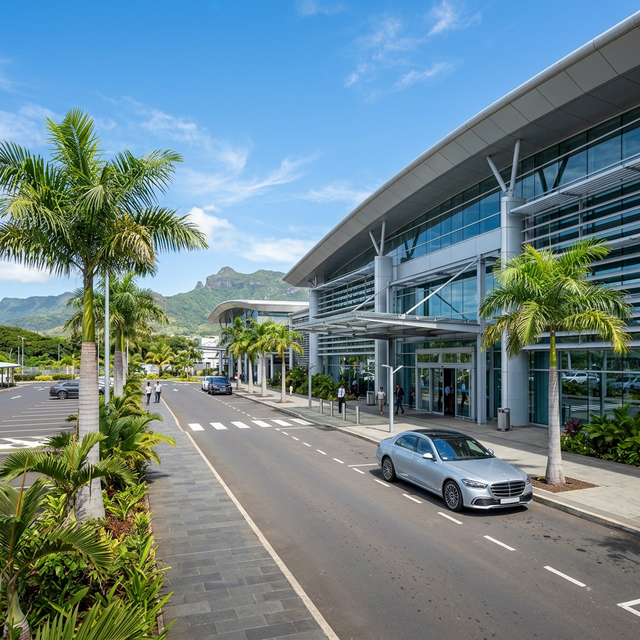 Premium car parked at SSR International Airport terminal in Mauritius